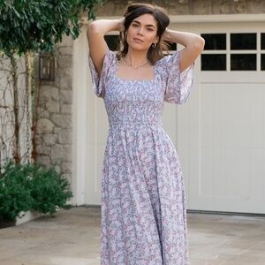 Baltic Born Lyssa Smocked Dress | Dusty Blue Floral Size MM